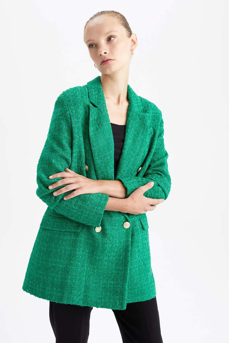 Oversize Fit Geniş Kalıp Kruvaze Yaka Düğmeli Tweed Blazer Ceket