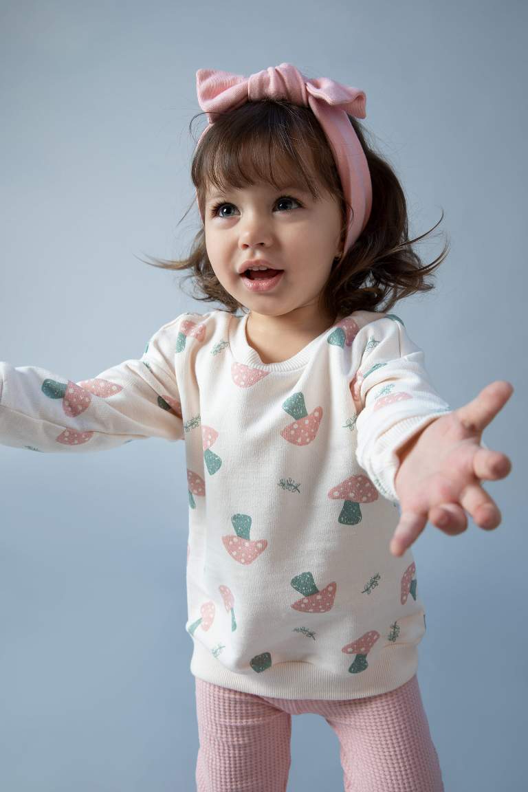 Kız Bebek Bisiklet Yaka Desenli İçi Yumuşak Tüylü Sweatshirt