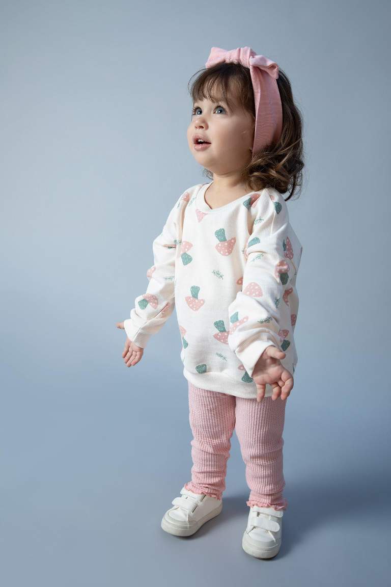 Kız Bebek Bisiklet Yaka Desenli İçi Yumuşak Tüylü Sweatshirt