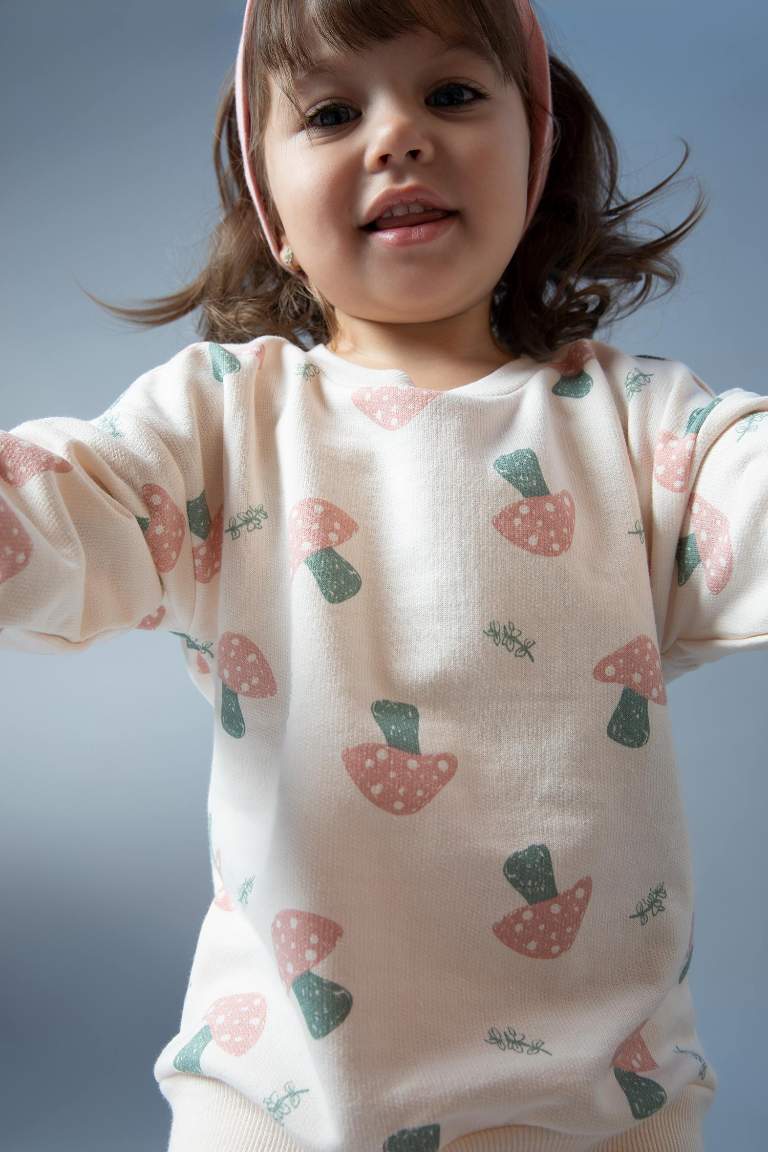 Kız Bebek Bisiklet Yaka Desenli İçi Yumuşak Tüylü Sweatshirt