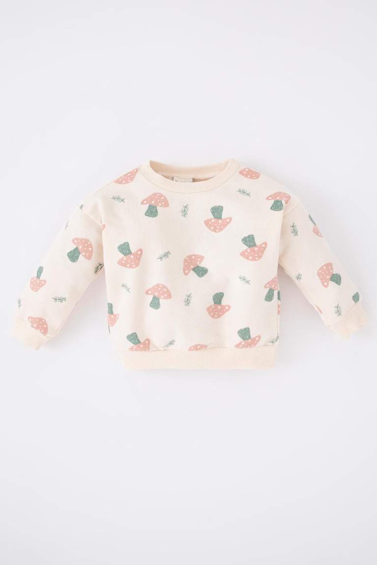 Kız Bebek Bisiklet Yaka Desenli İçi Yumuşak Tüylü Sweatshirt