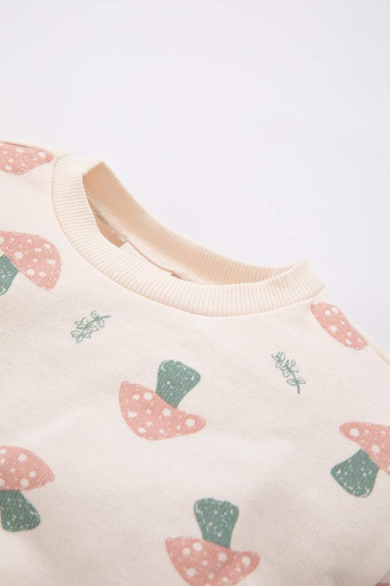 Kız Bebek Bisiklet Yaka Desenli İçi Yumuşak Tüylü Sweatshirt