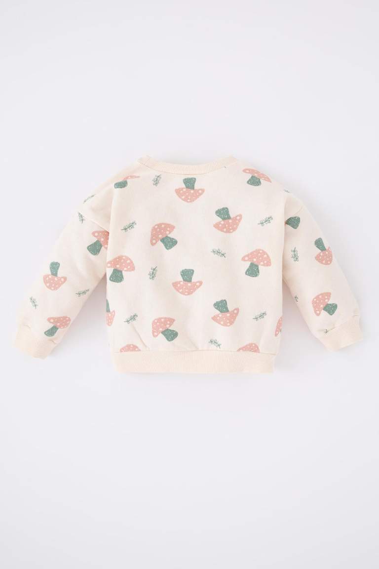 Kız Bebek Bisiklet Yaka Desenli İçi Yumuşak Tüylü Sweatshirt