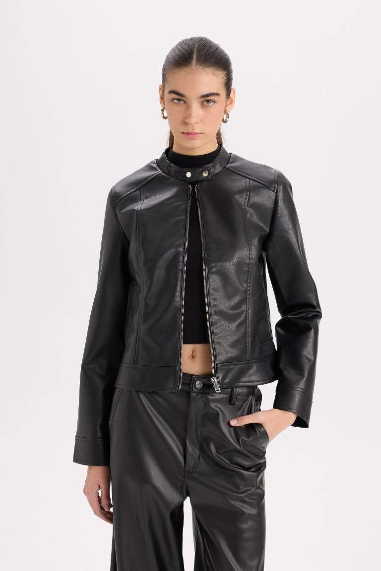 Su İtici Suni Deri Biker Ceket