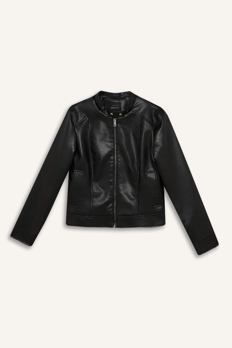 Regular Fit Zippered Faux Leather Jacket