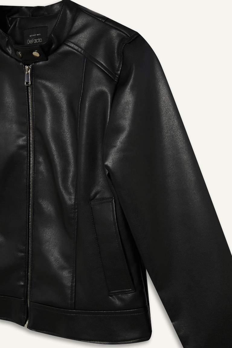 Regular Fit Zippered Faux Leather Jacket