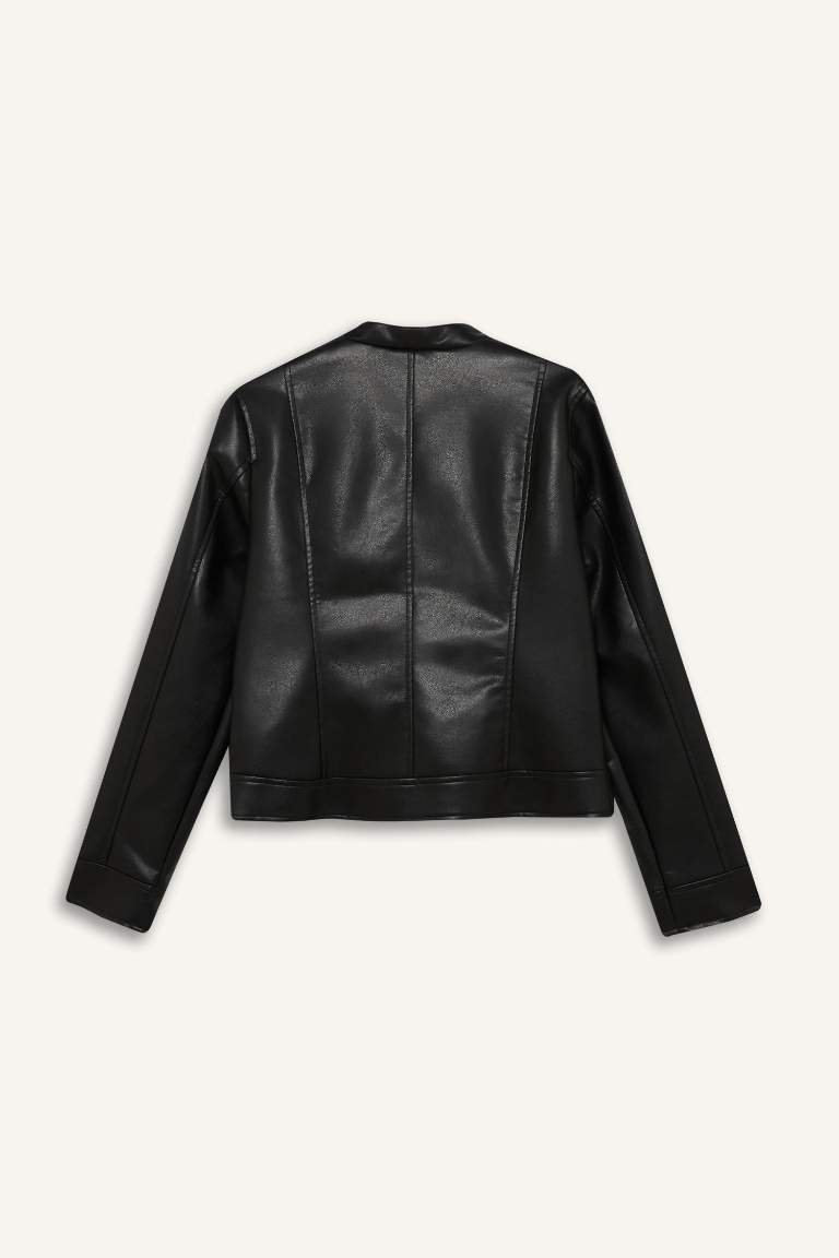 Regular Fit Zippered Faux Leather Jacket
