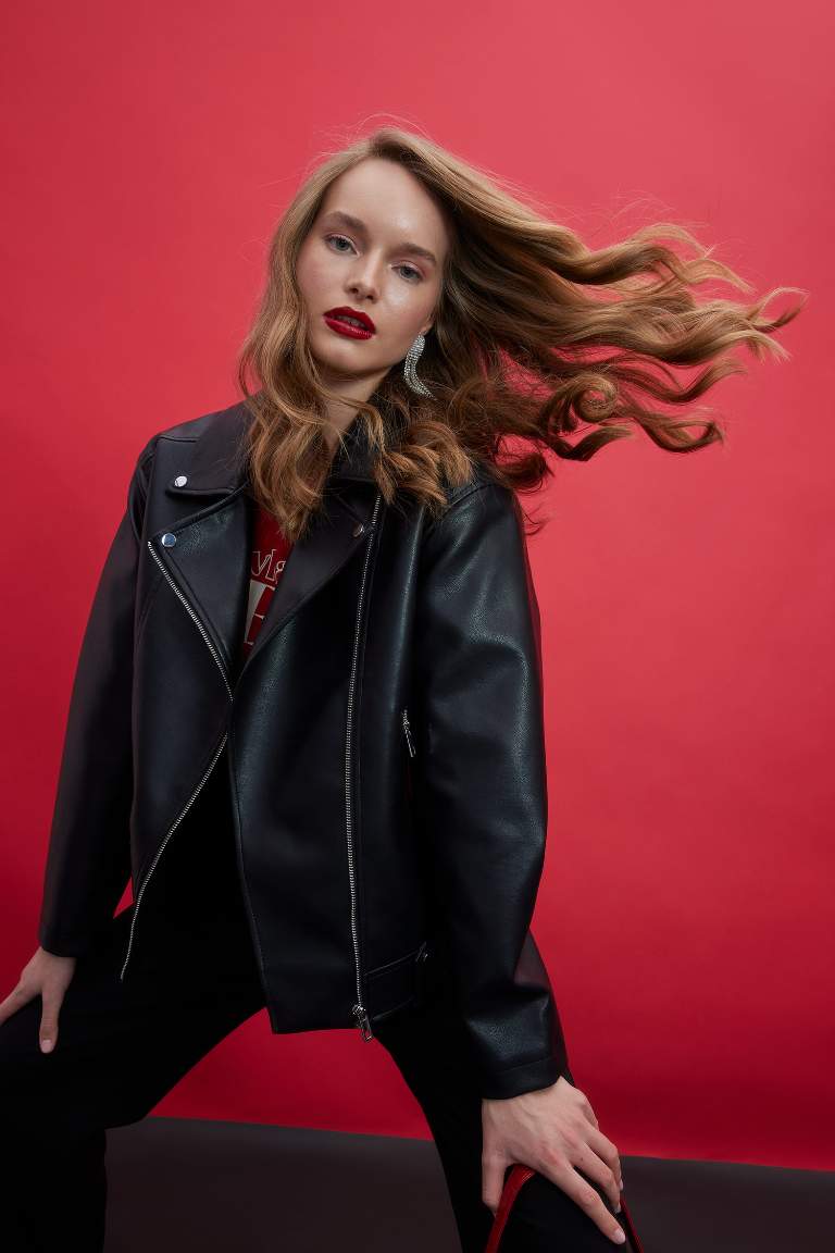 Su İtici Oversize Fit Suni Deri Biker Ceket