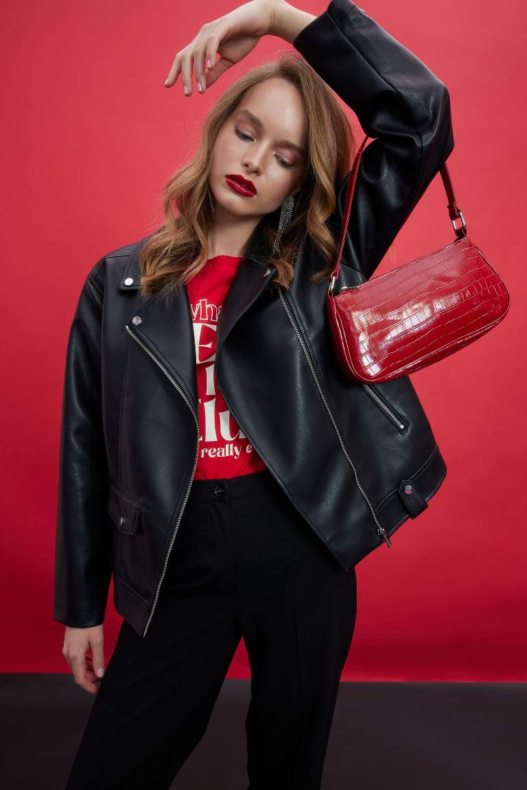 Su İtici Oversize Fit Suni Deri Biker Ceket