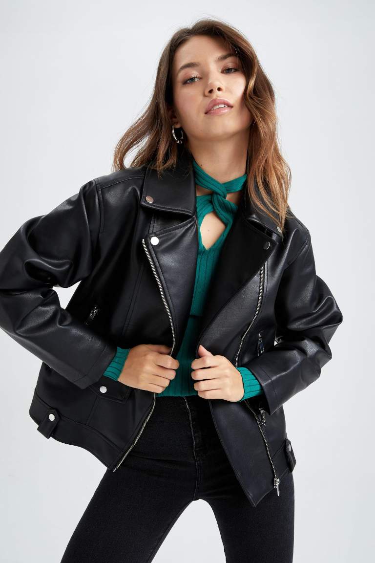 Su İtici Oversize Fit Suni Deri Biker Ceket