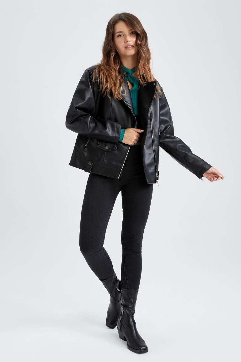 Su İtici Oversize Fit Suni Deri Biker Ceket