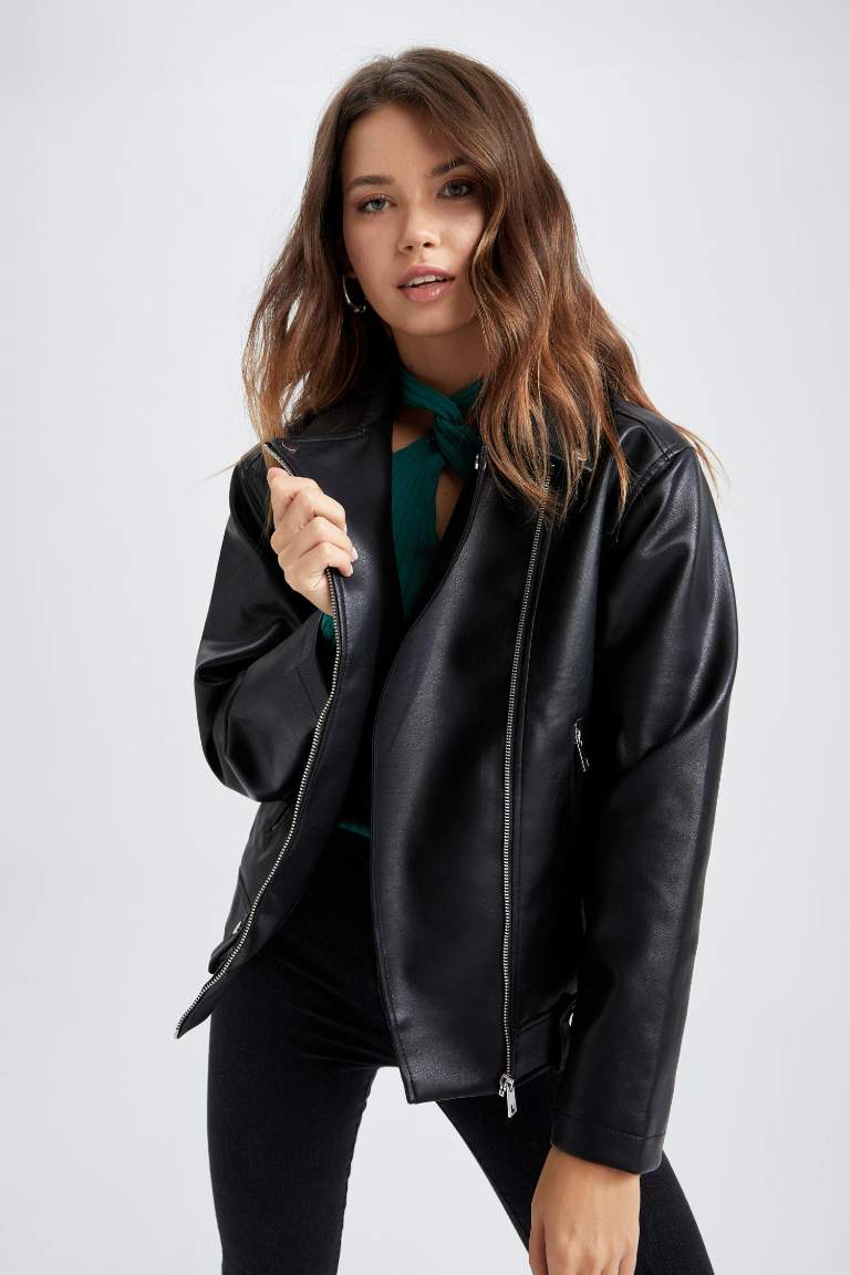 Su İtici Oversize Fit Suni Deri Biker Ceket