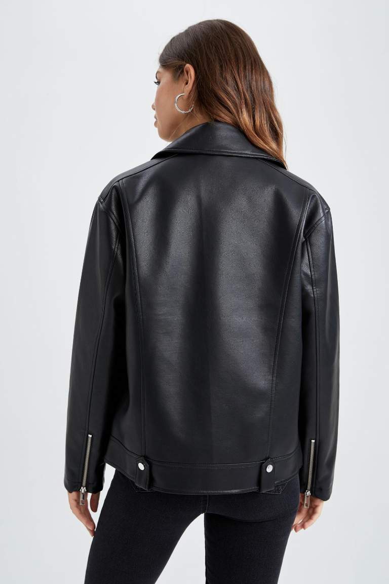 Su İtici Oversize Fit Suni Deri Biker Ceket