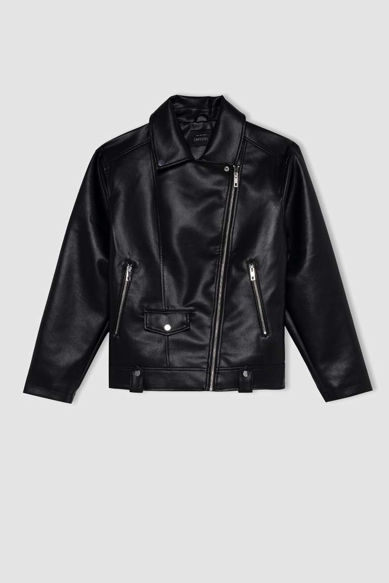 Su İtici Oversize Fit Suni Deri Biker Ceket