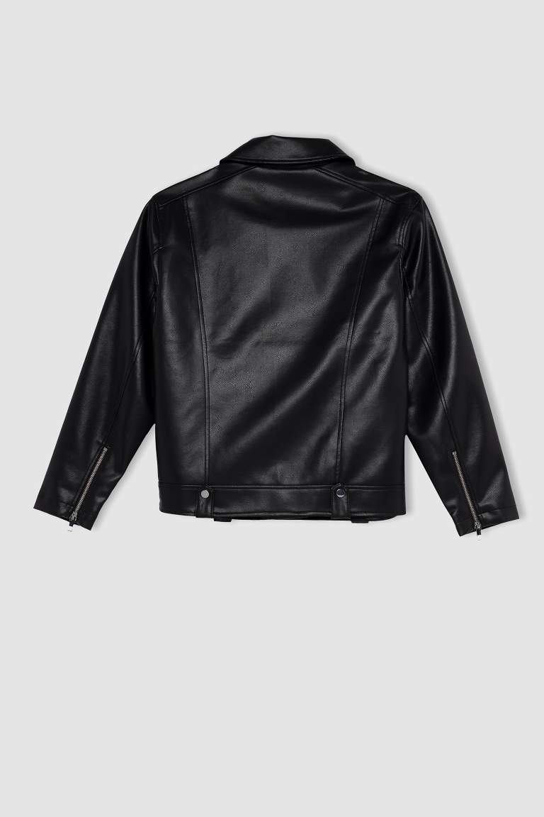 Su İtici Oversize Fit Suni Deri Biker Ceket