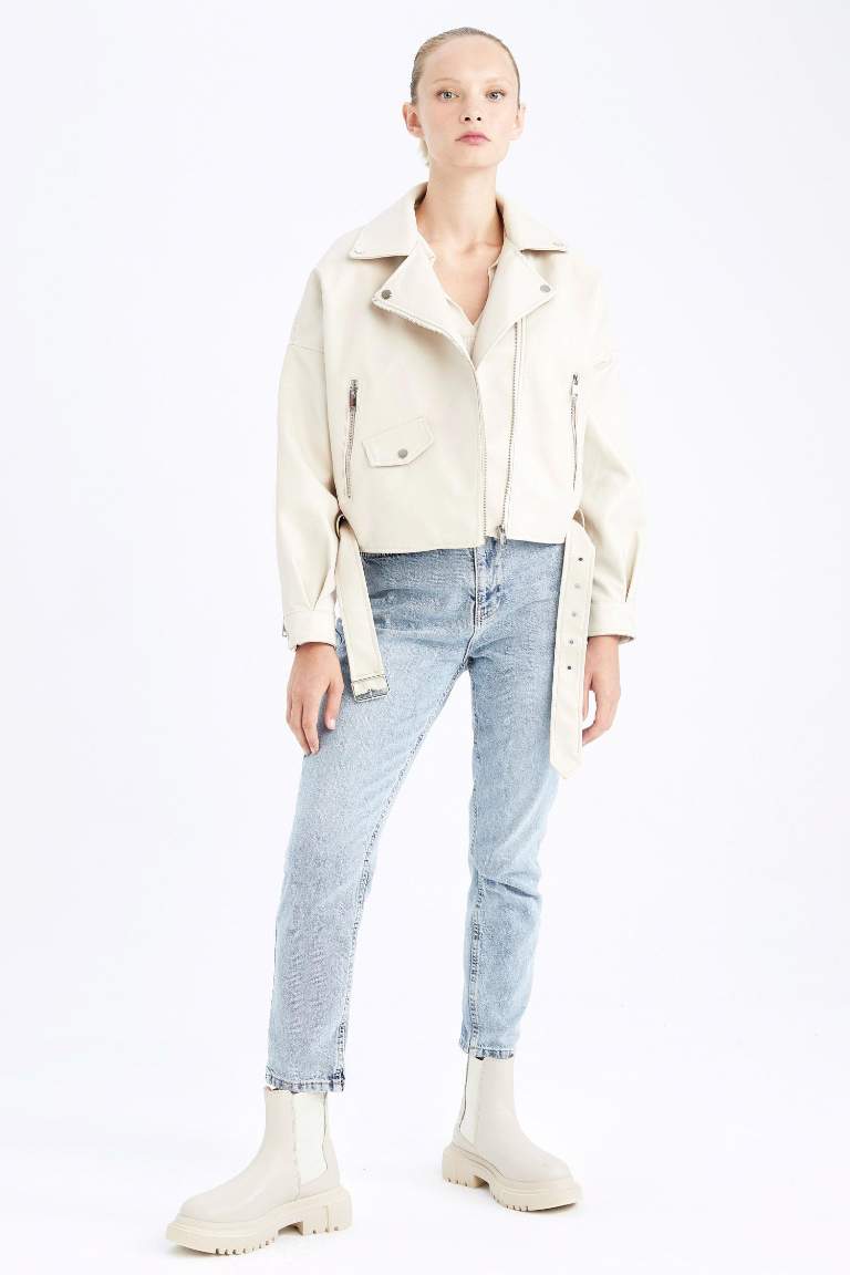Su İtici Relax Fit Suni Deri Kemerli Crop Biker Ceket