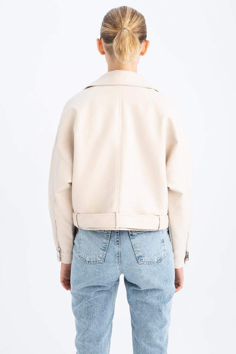 Su İtici Relax Fit Suni Deri Kemerli Crop Biker Ceket