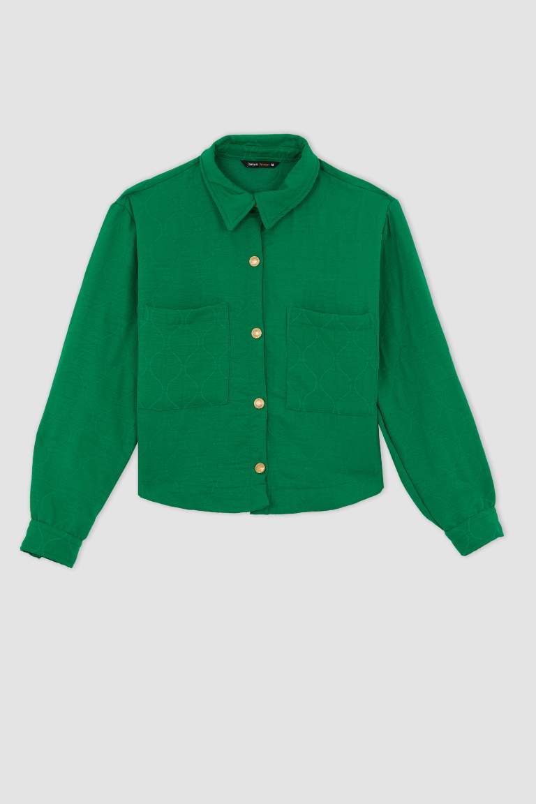 Cropped Fit Gömlek Yaka Dokulu Uzun Kollu Gömlek