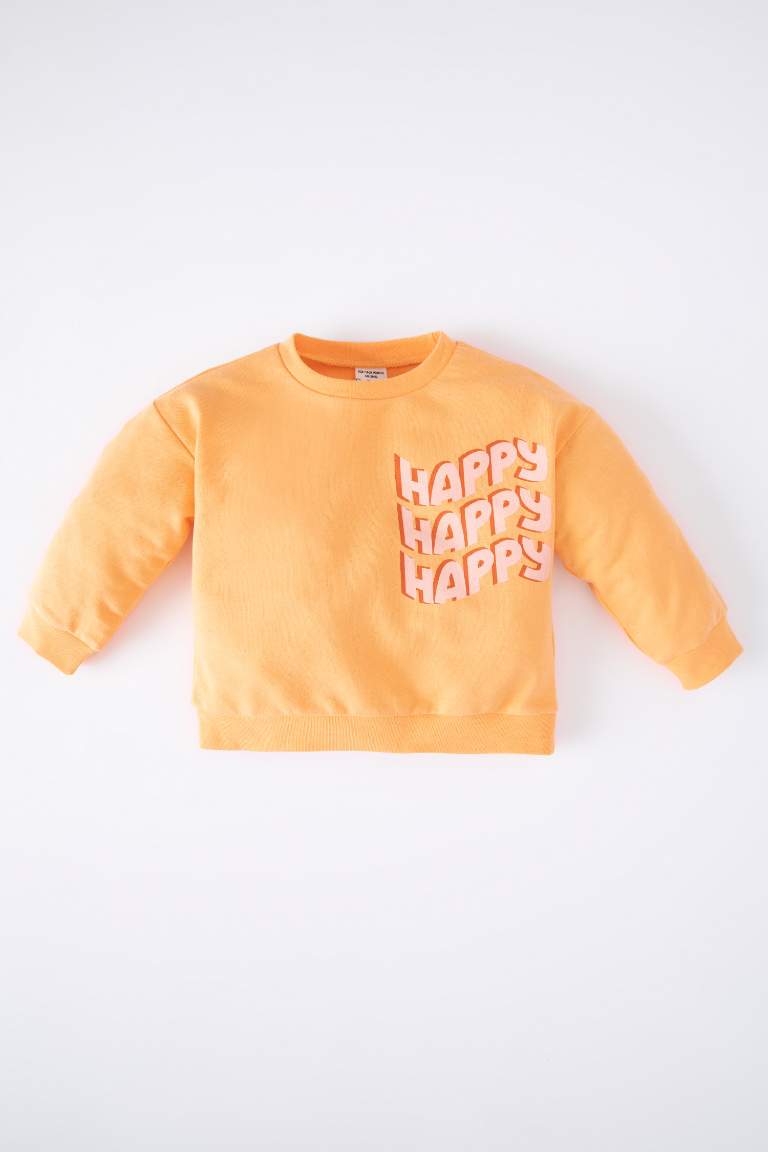 Kız Bebek Baskılı Bisiklet Yaka Sweatshirt