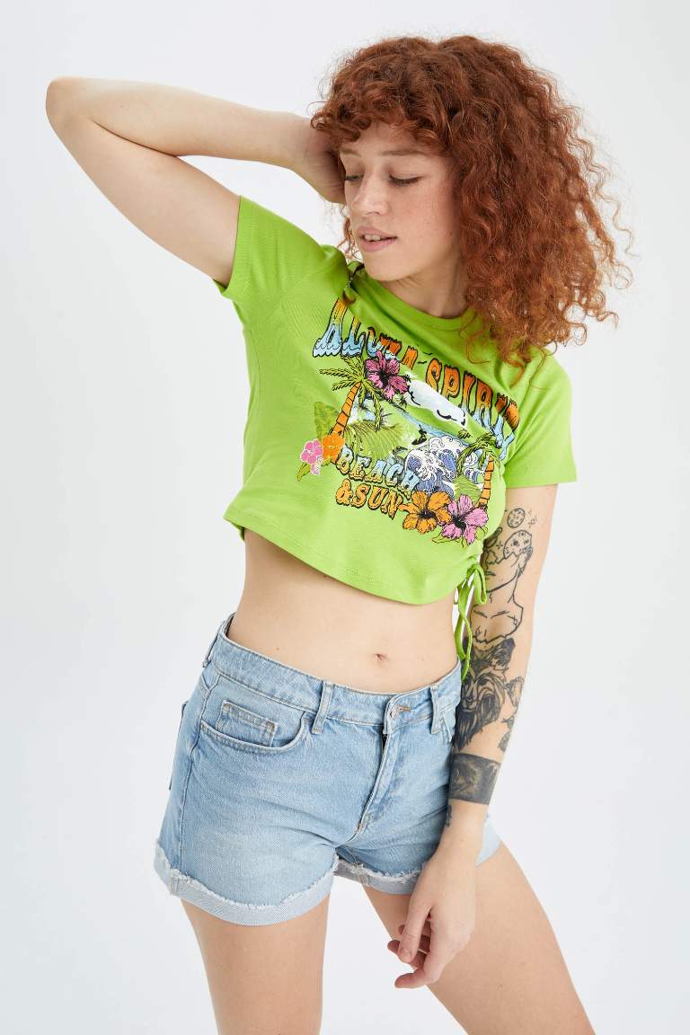 Coool Crew Neck Printed Side Tie Detailed Crop Top