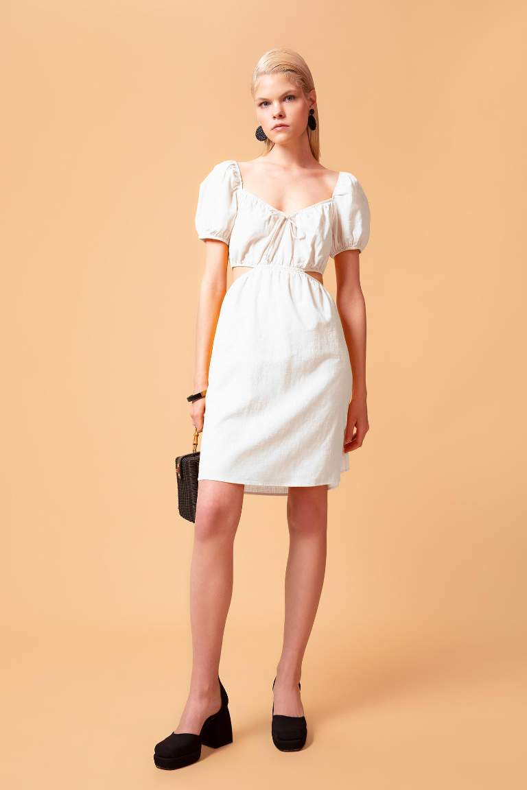 A-Line V Neck Linen Look Mini Short Sleeve Dress