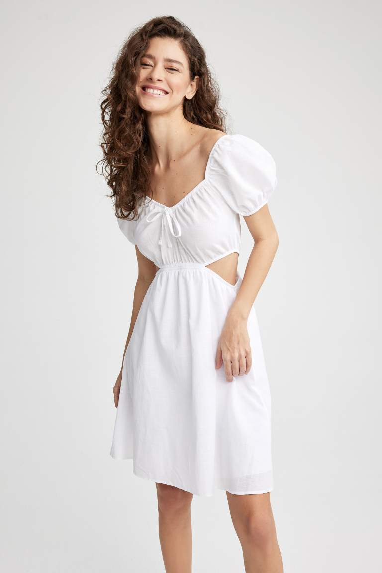 A-Line V Neck Linen Look Mini Short Sleeve Dress