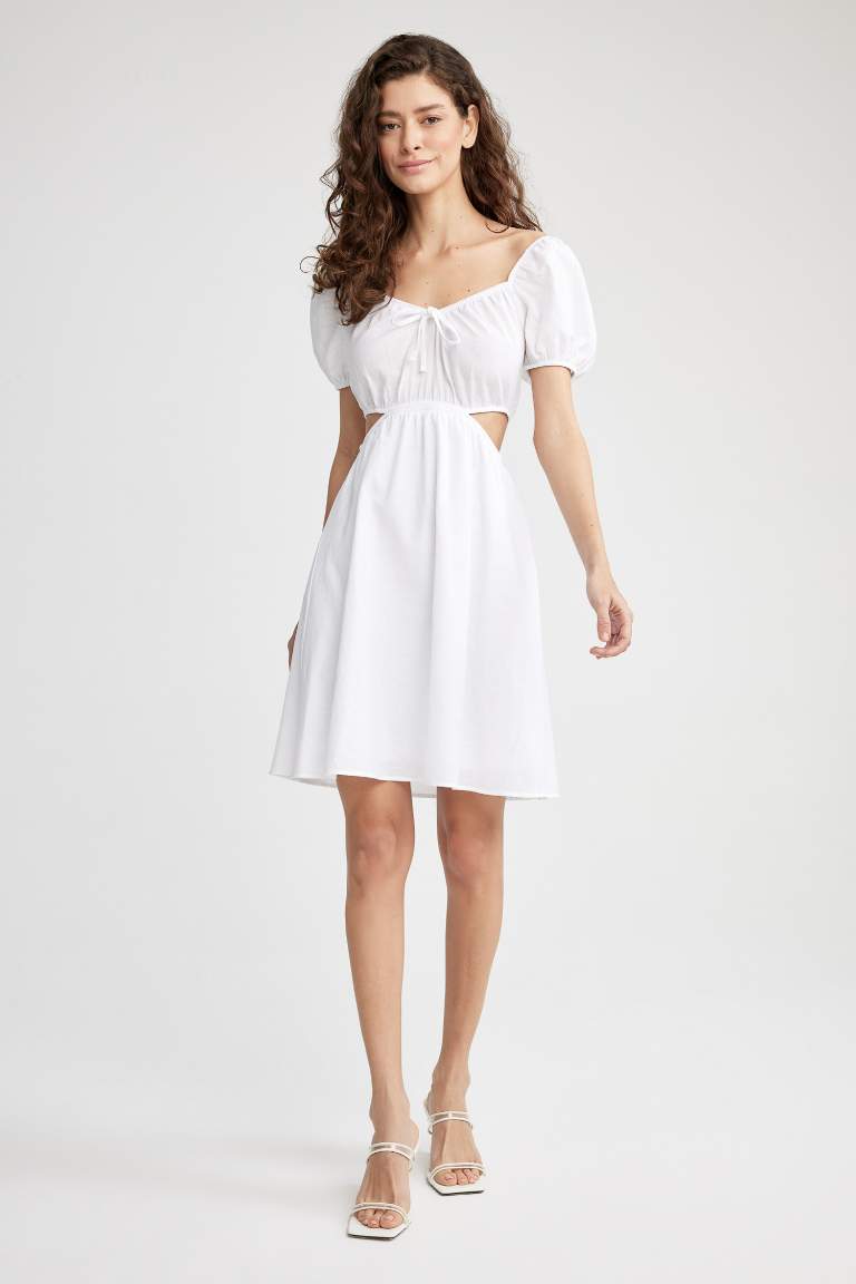 A-Line V Neck Linen Look Mini Short Sleeve Dress