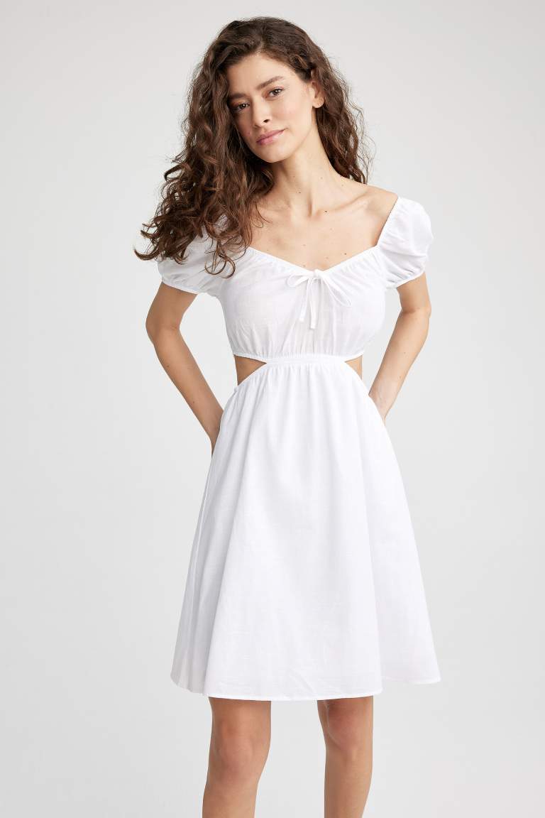 A-Line V Neck Linen Look Mini Short Sleeve Dress