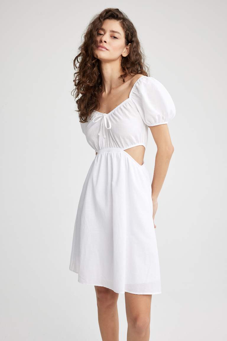 A-Line V Neck Linen Look Mini Short Sleeve Dress