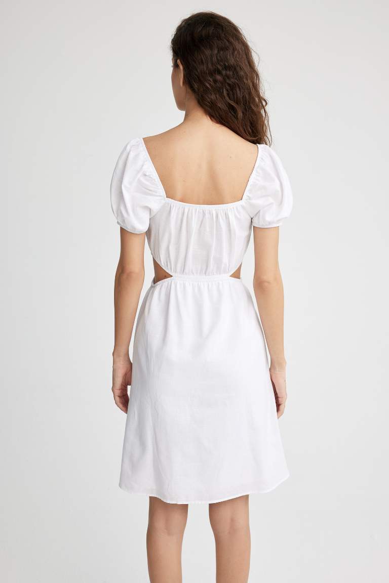 A-Line V Neck Linen Look Mini Short Sleeve Dress