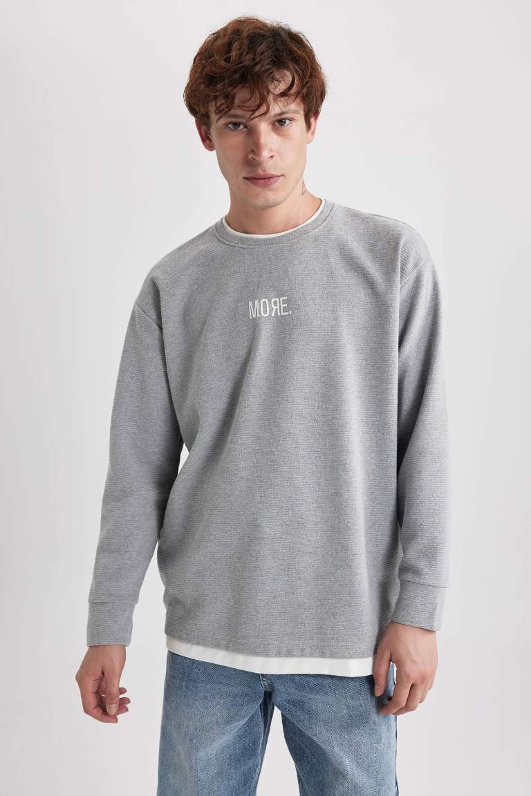 Oversize Fit Geniş Kalıp Bisiklet Yaka Baskılı Sweatshirt