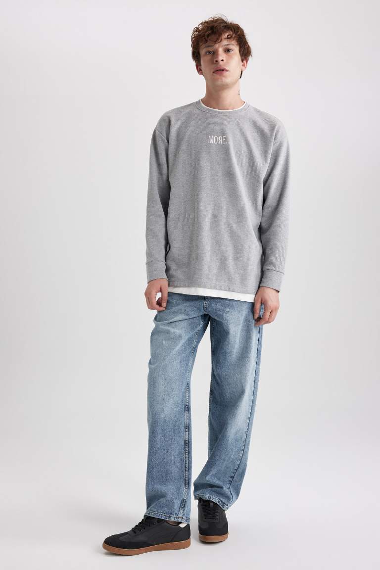 Oversize Fit Geniş Kalıp Bisiklet Yaka Baskılı Sweatshirt