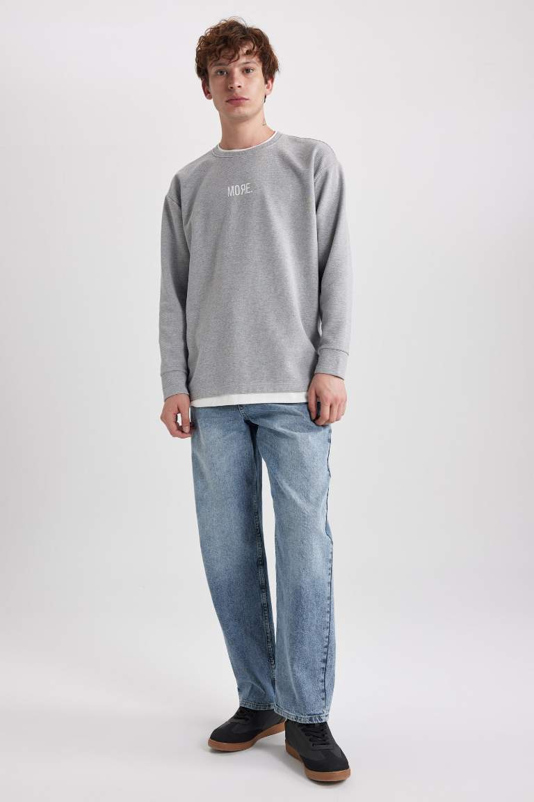 Oversize Fit Geniş Kalıp Bisiklet Yaka Baskılı Sweatshirt