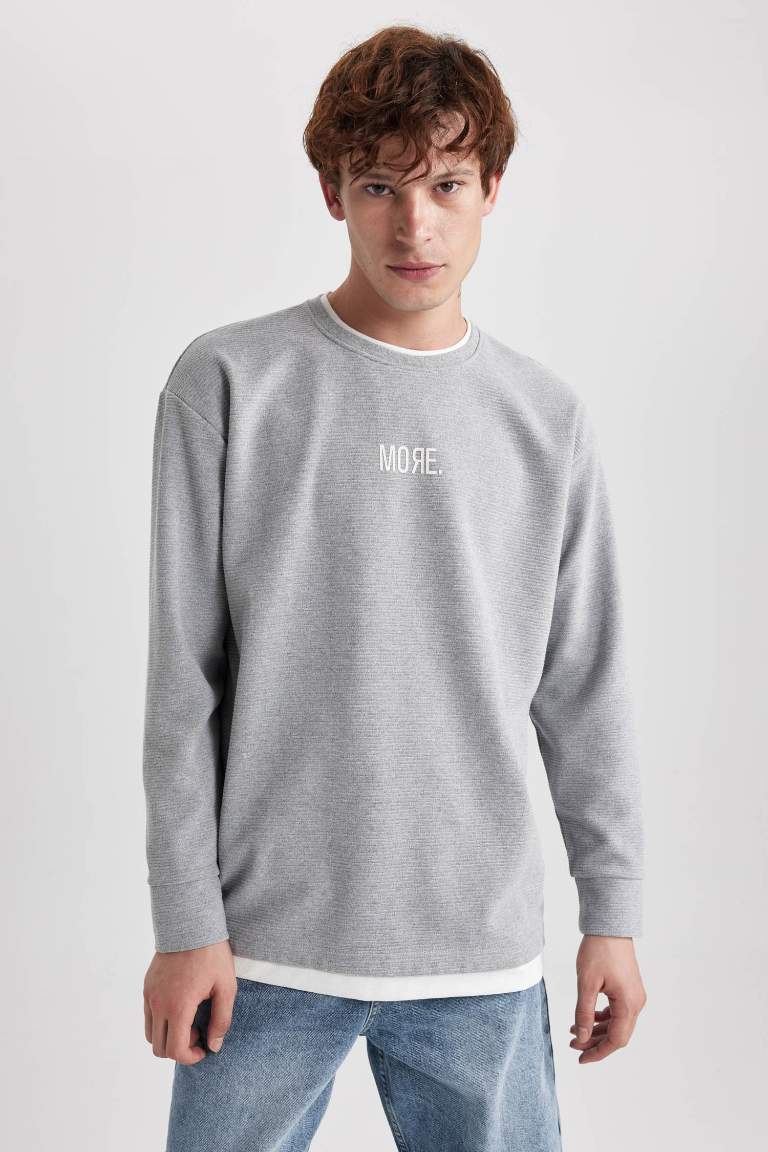 Oversize Fit Geniş Kalıp Bisiklet Yaka Baskılı Sweatshirt