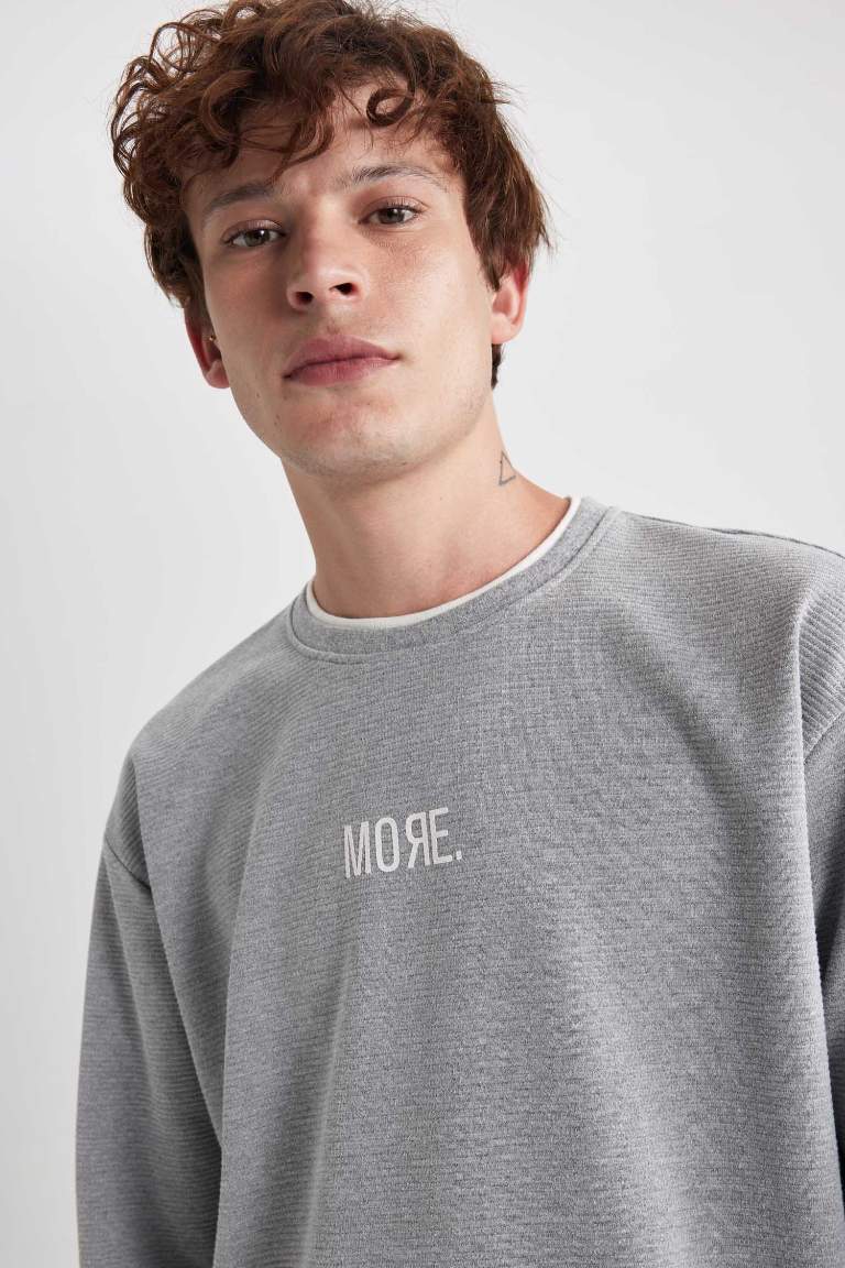 Oversize Fit Geniş Kalıp Bisiklet Yaka Baskılı Sweatshirt