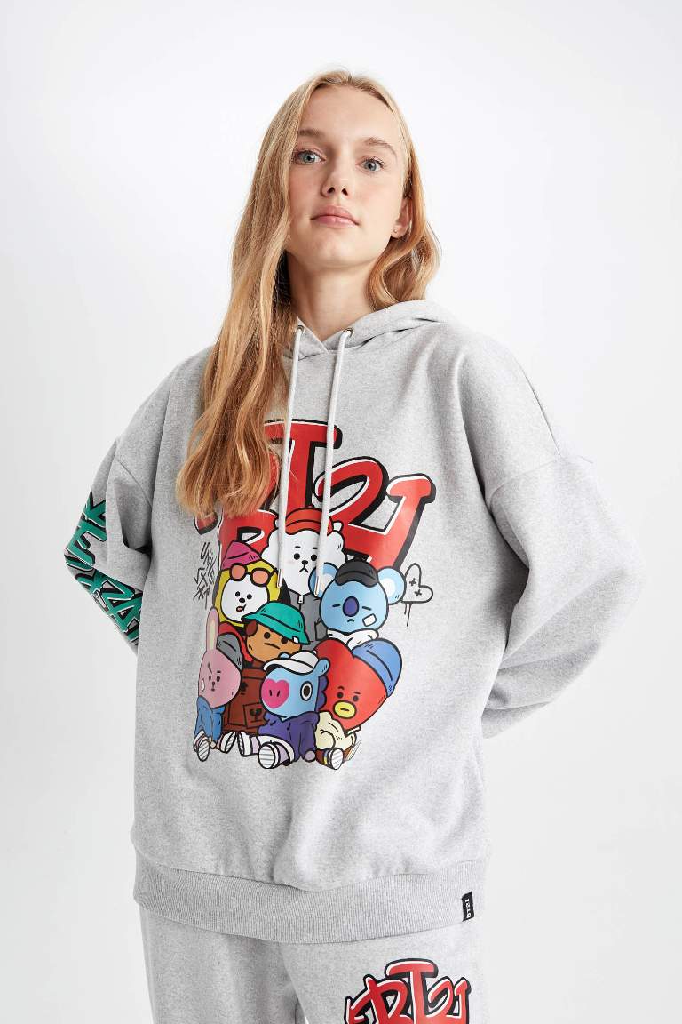 سويت شيرت اوفر سايز بغطاء للرأس طويل الأكمام مرخص من BT21
