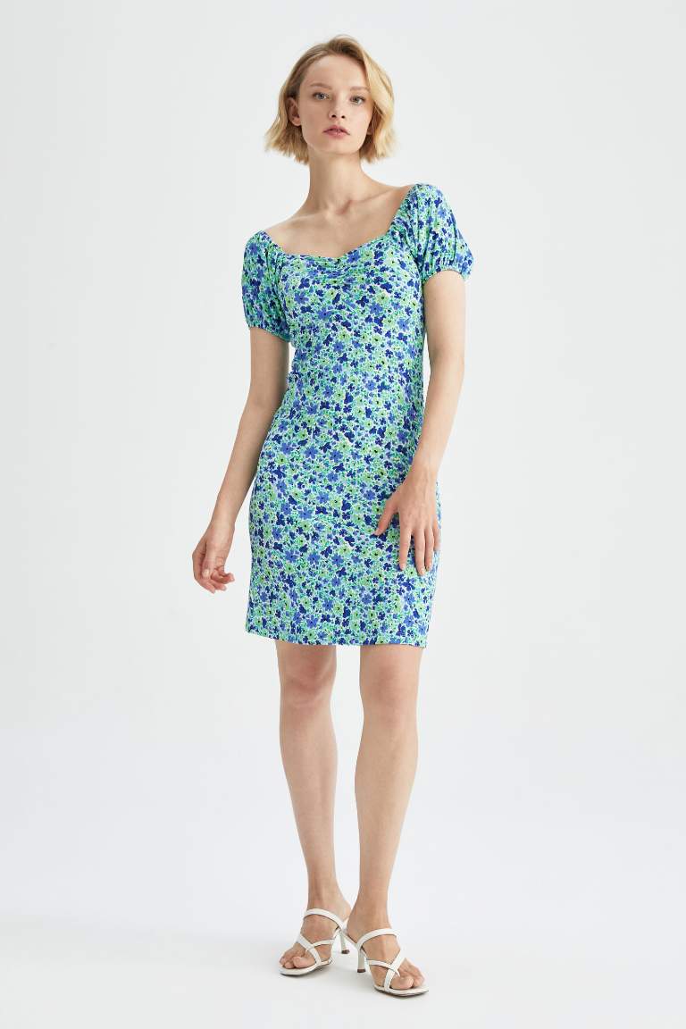 Bodycon Heart Collar Floral Mini Short Sleeve Knitted Dress