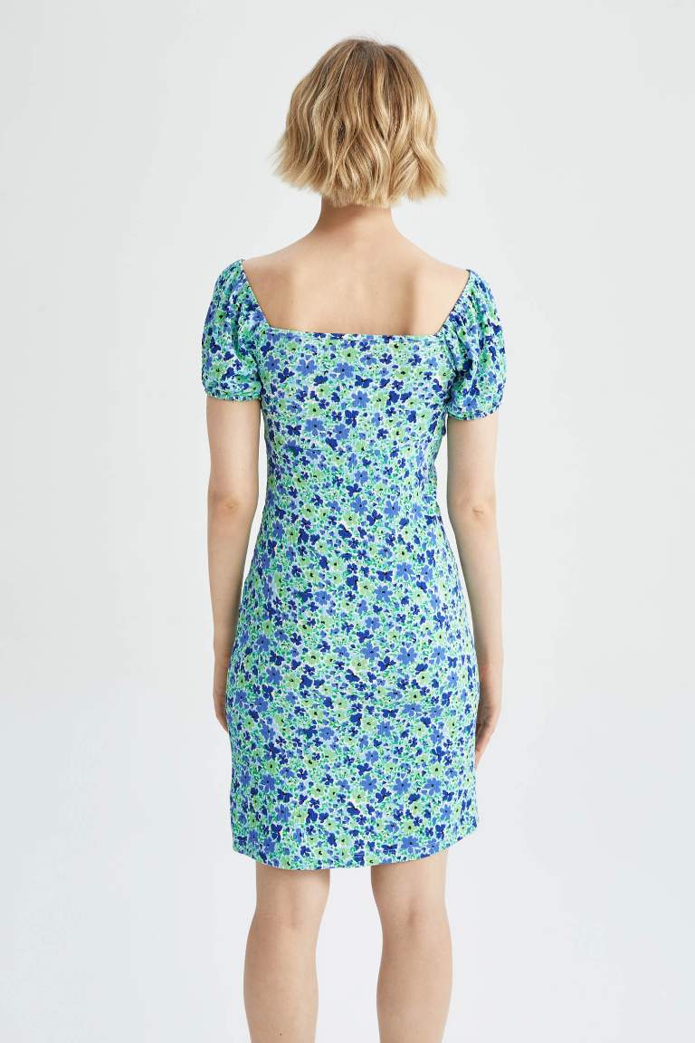 Bodycon Heart Collar Floral Mini Short Sleeve Knitted Dress
