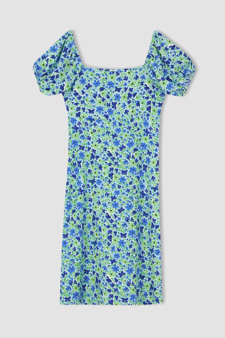 Bodycon Heart Collar Floral Mini Short Sleeve Knitted Dress