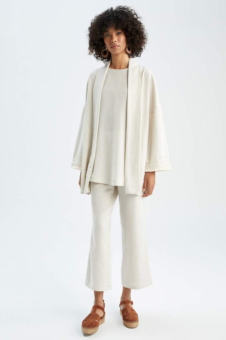 Regular Fit V Yaka Basic Keten Karışımlı Kimono