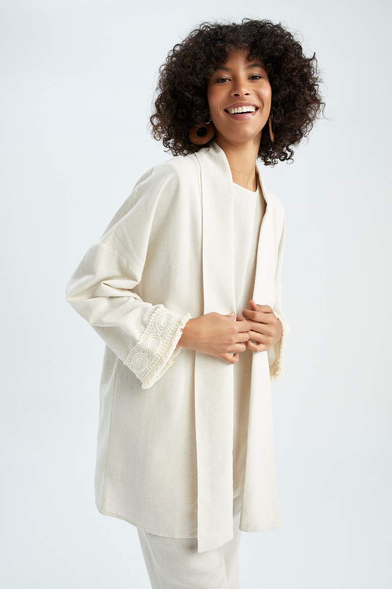 Regular Fit V Yaka Basic Keten Karışımlı Kimono