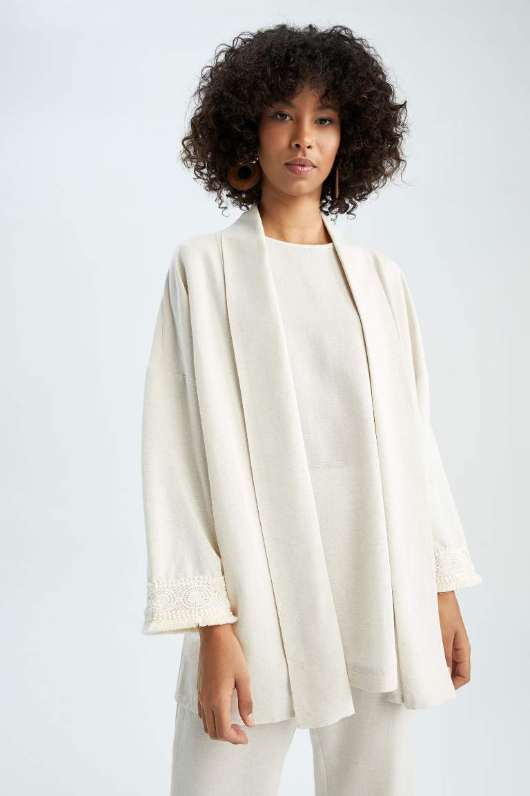 Regular Fit V Yaka Basic Keten Karışımlı Kimono