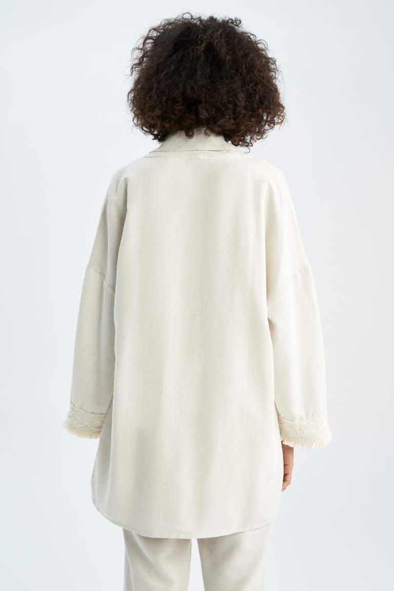 Regular Fit V Yaka Basic Keten Karışımlı Kimono