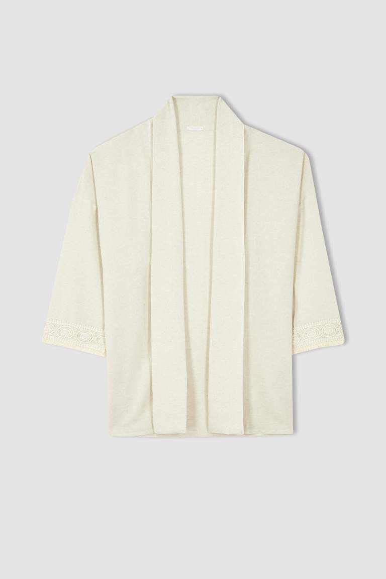 Regular Fit V Yaka Basic Keten Karışımlı Kimono