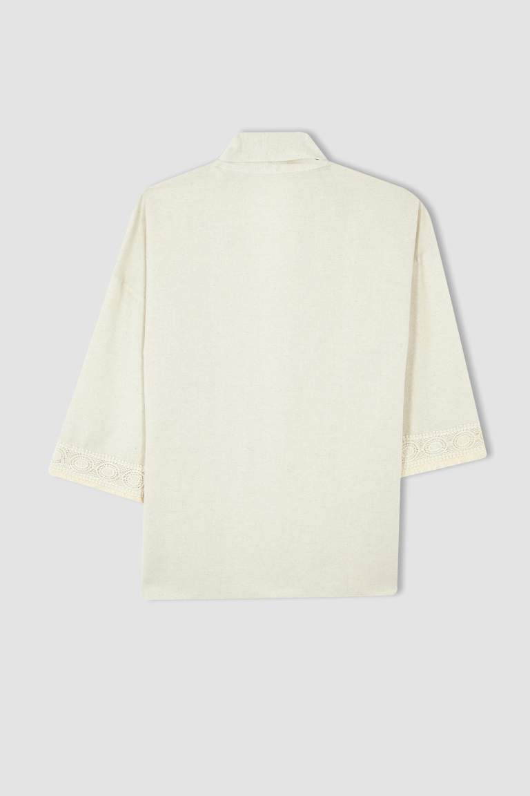 Regular Fit V Yaka Basic Keten Karışımlı Kimono