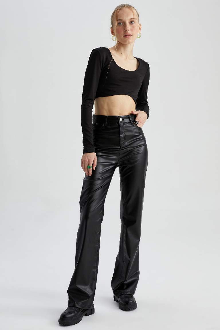Wide Leg Cepli Normal Bel Uzun Boy Suni Deri Pantolon