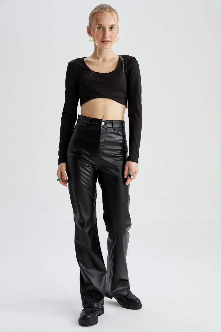 Wide Leg Cepli Normal Bel Uzun Boy Suni Deri Pantolon