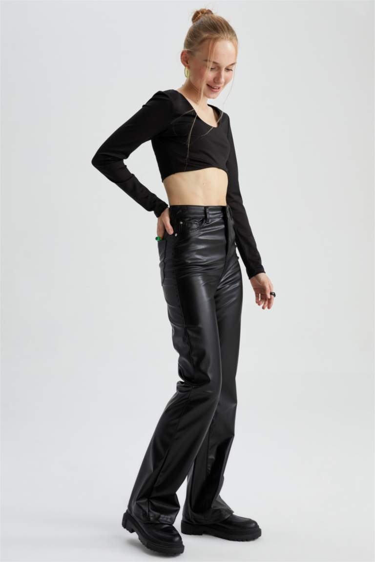 Wide Leg Cepli Normal Bel Uzun Boy Suni Deri Pantolon