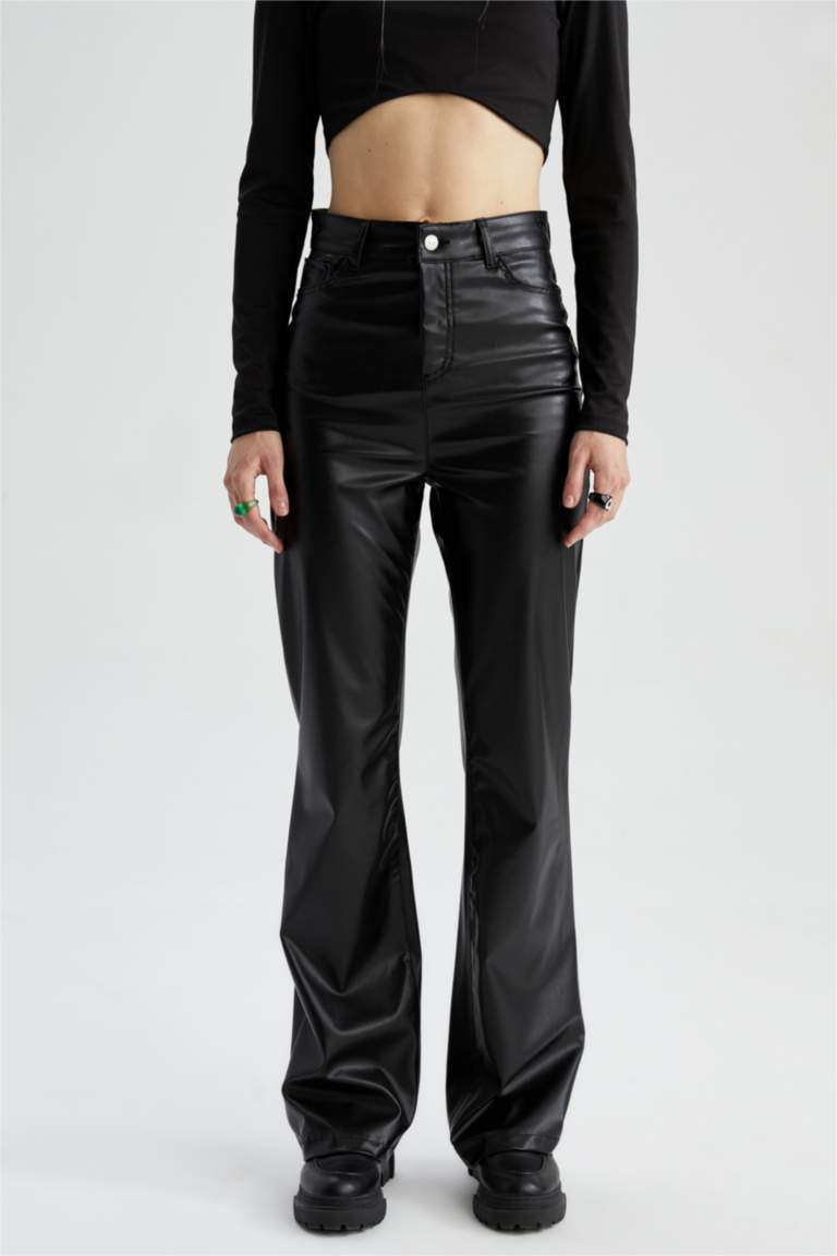 Wide Leg Cepli Normal Bel Uzun Boy Suni Deri Pantolon