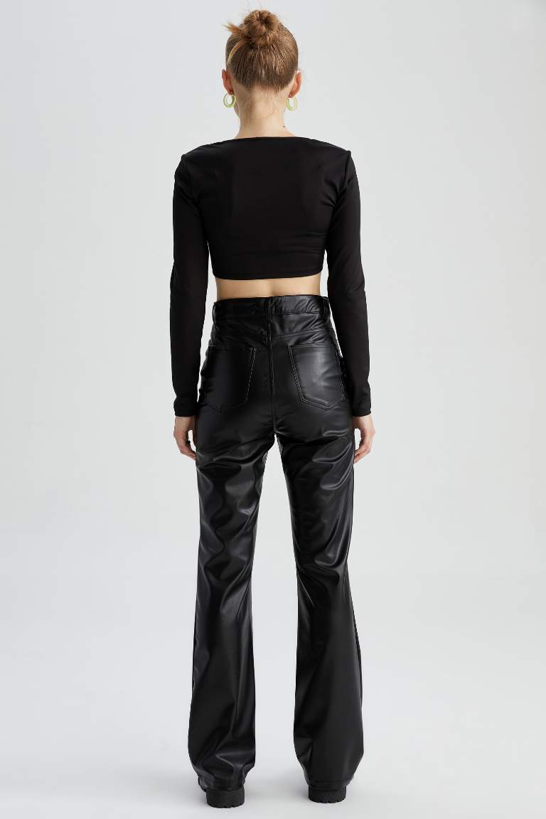 Wide Leg Cepli Normal Bel Uzun Boy Suni Deri Pantolon